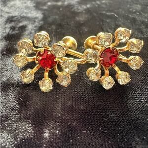 Sparkly Vintage 40's Art Deco Red And Clear Rhinestone Screw Back B.N. Earrings